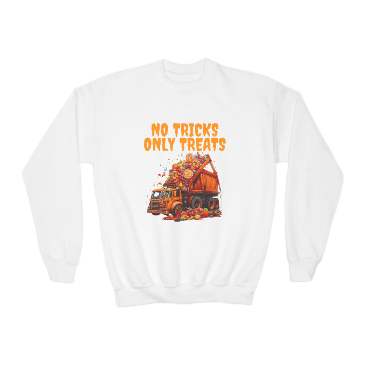 No Tricks Only Treats Skeleton Dump Truck Youth Kids Halloween Sweatshirt