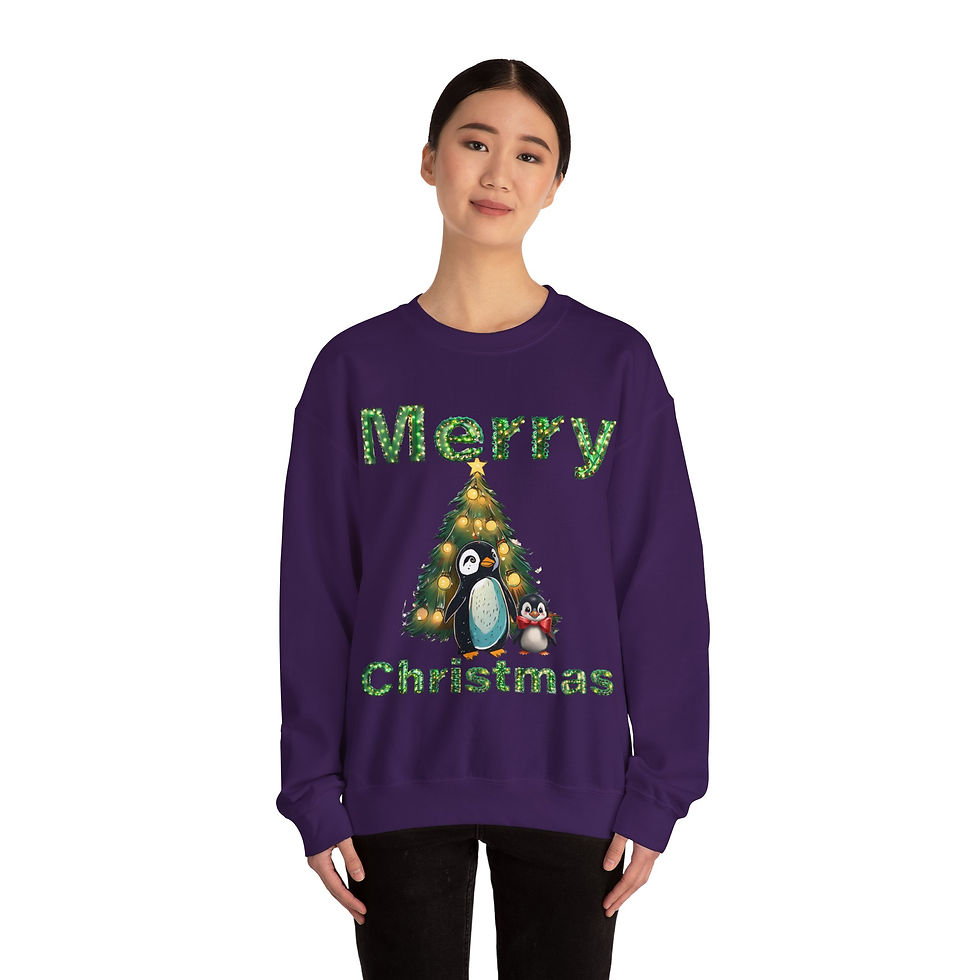 Thumbnail: Purple Merry Christmas Penguins Adult Long Sleeve Crewneck Sweatshirt Features Penguins Standing in Front of Christmas Tree