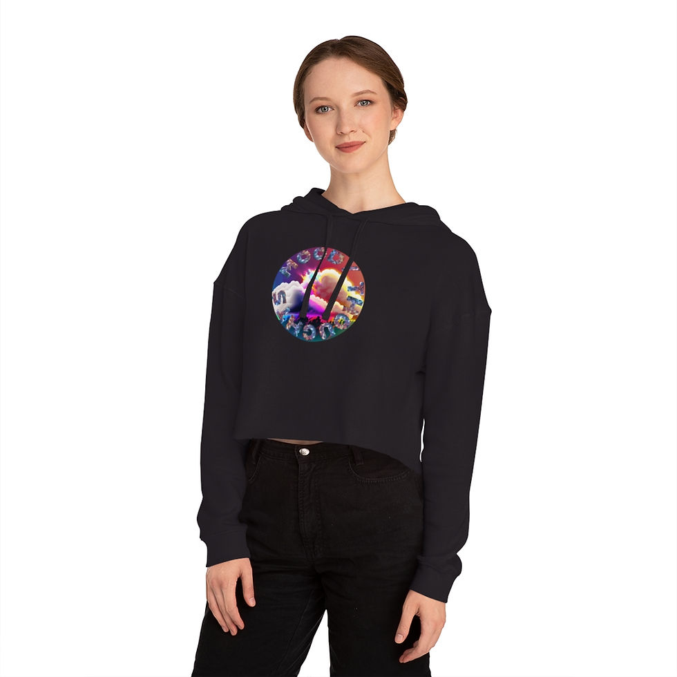 Thumbnail: Black Moody Thoughts Storm Clouds Women's Cropped Hoodie Features Rainbow Storm Clouds with Galaxy Font