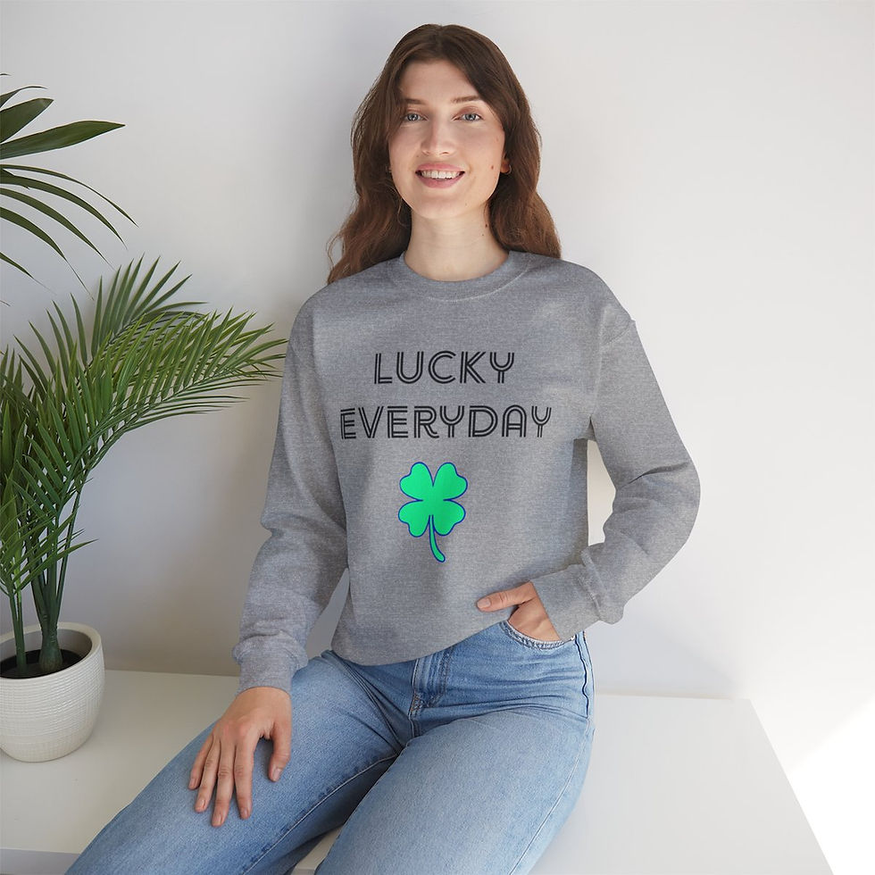 Thumbnail: Sport Grey Lucky Everyday Adult Unisex Crewneck Sweatshirt has Black Letters with a Blue and Green Shamrock Design