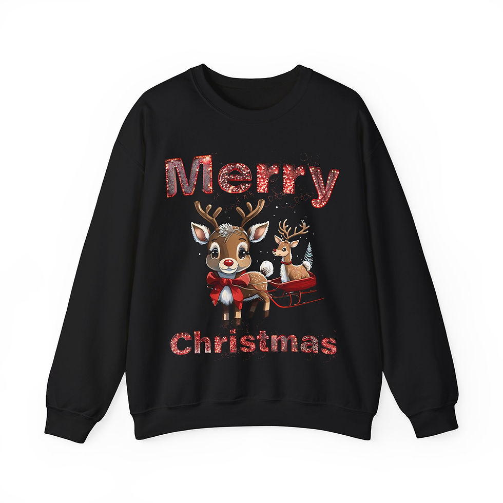 Thumbnail: Black Merry Christmas Reindeer Adult Unisex Long Sleeve Sweatshirt Features Reindeer Pulling a Sleigh and Riding In It