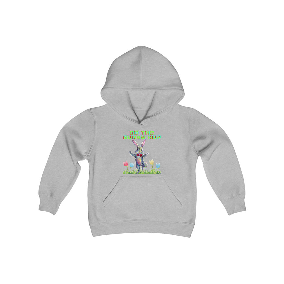 Thumbnail: Sport Grey  Do the Bunny Hop Youth Kid's Hoodie Features Easter Bunny Dancing in a Field of Tulips with Green Letters