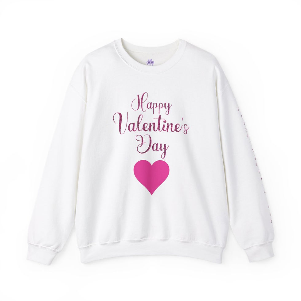 Thumbnail: White Happy Valentine's Day Pink Heart Adult Unisex Crewneck Sweatshirt with Pink Faux Glitter Font.