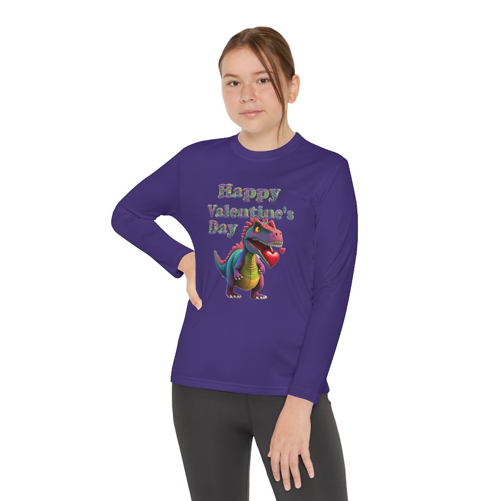 Thumbnail: Purple Happy Valentine's Day Dinosaur Youth Kid's Shirt/ Tee/ T-shirt has a neon dinosaur with a heart in his mouth.