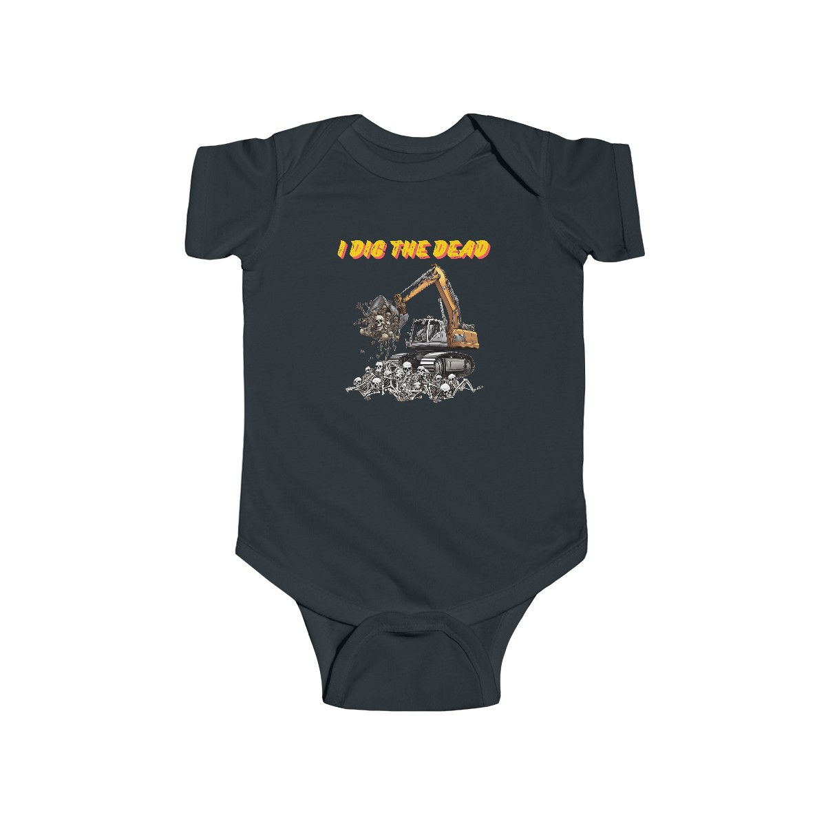 Black I Dig The Dead Infant Short Sleeve Halloween Bodysuit/ Onesie Features an Excavator Digging Skeletons