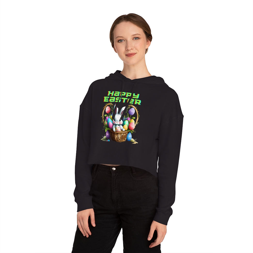 Thumbnail: Black Happy Easter Bunny Basket Women's Cropped Sweatshirt/Hoodie has Bunny In a Basket Full Of Painted Easter Eggs