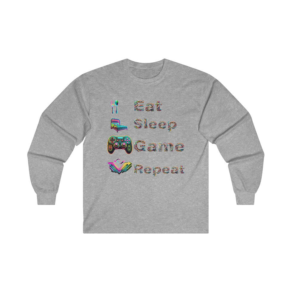 Thumbnail: Sport Grey Eat, Sleep, Game, Repeat Adult Unisex Gaming Shirt/ Gaming T-shirt in neon colors with a fun cable wire font.