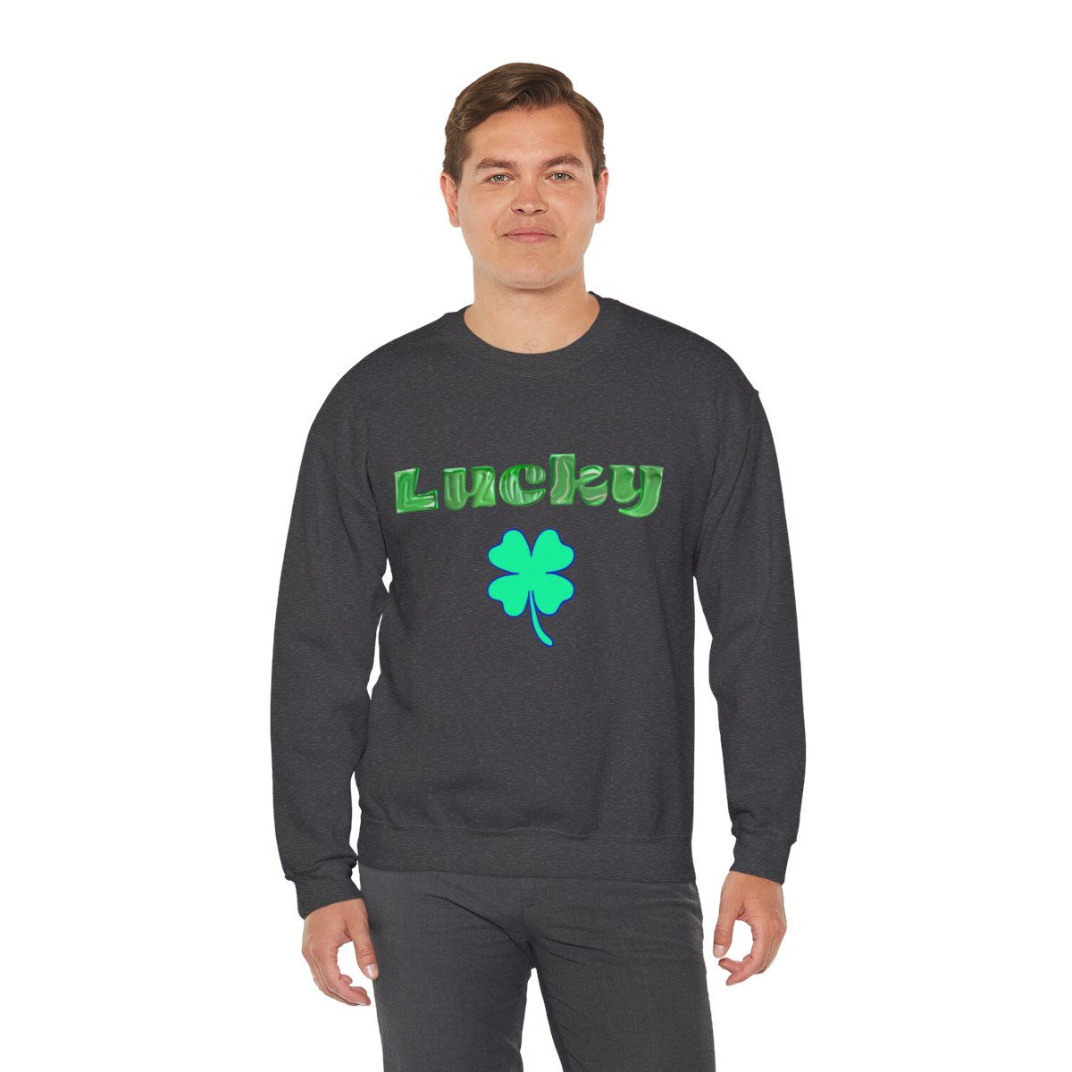 Dark Heather Grey Lucky Shamrock with Green Letters Adult Unisex Crewneck Sweatshirt featuring a Green and Blue Shamrock