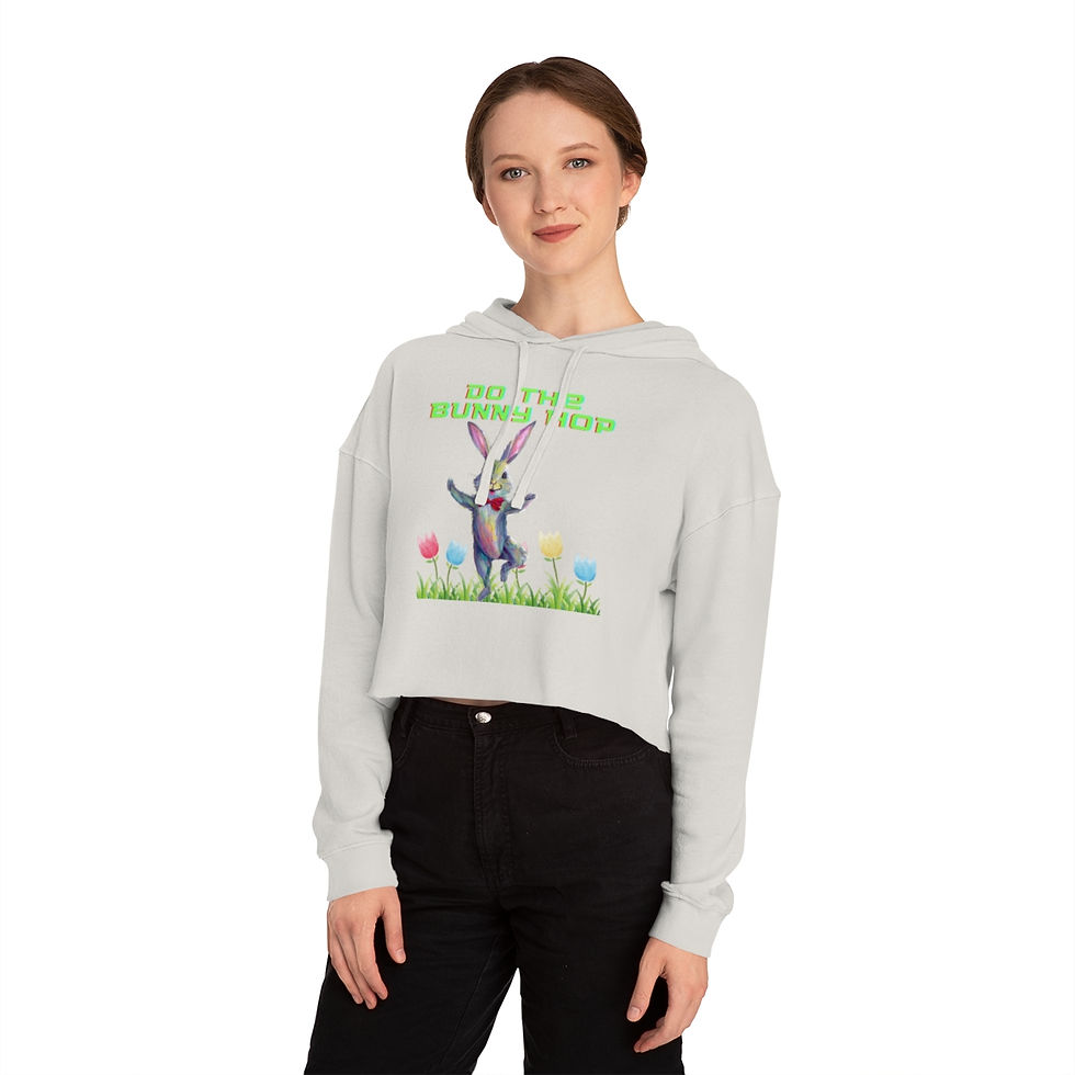 Thumbnail: Bone Ivory Do the Bunny Hop Women's Cropped Hoodie Featuring the Easter Bunny Dancing in Tulips with Green Letters