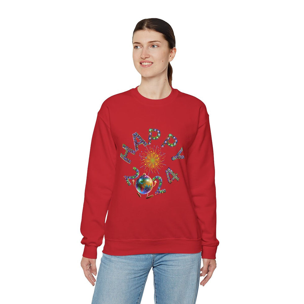 Thumbnail: Red Happy 2024 Adult Unisex Long Sleeve Sweatshirt Featuring Circle Graphic with Fireworks and a Dancing Globe