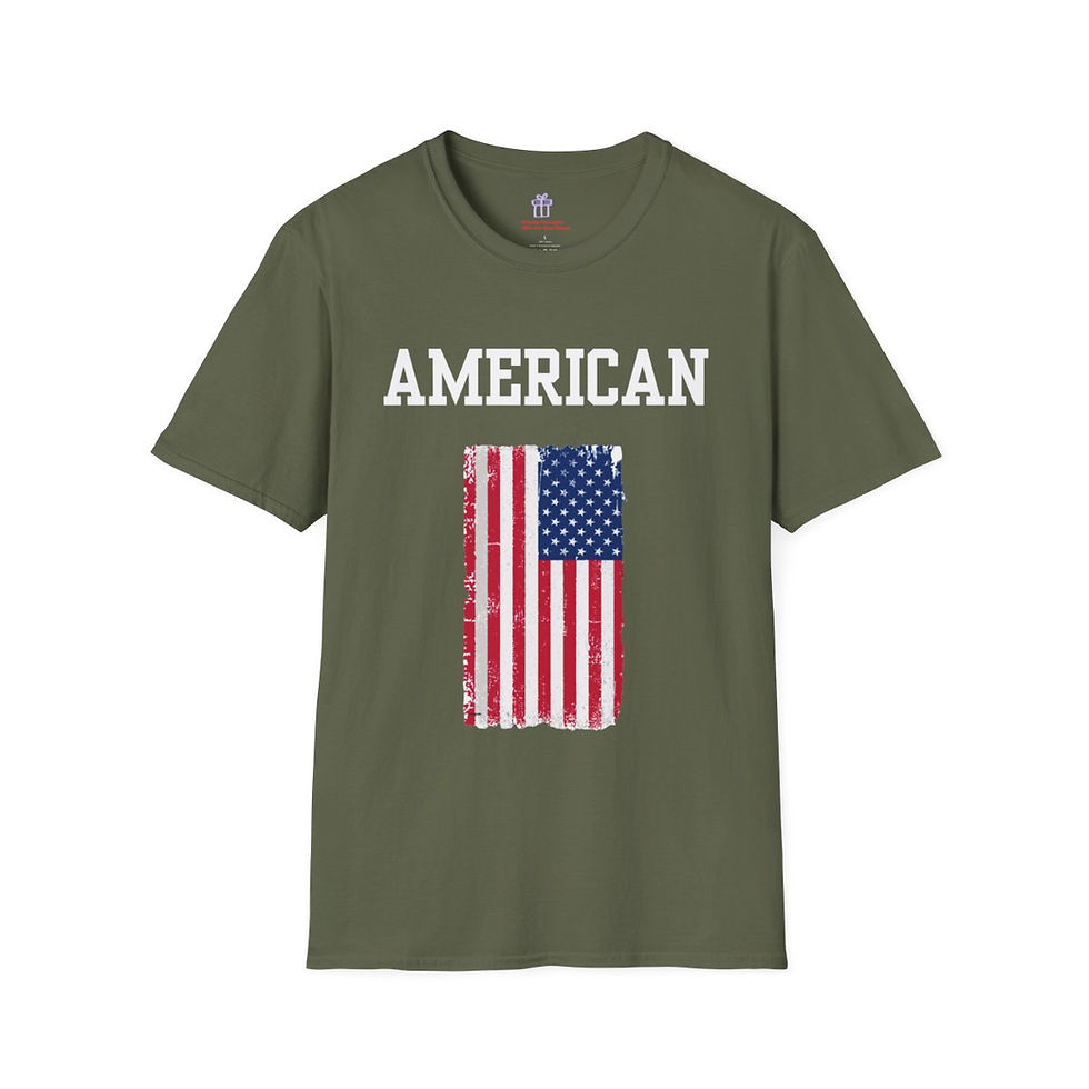 Thumbnail: Military Green American with USA Flag Adult Unisex Softstyle Short Sleeve Cotton Shirt/ T-shirt/ Tee Features White Letters