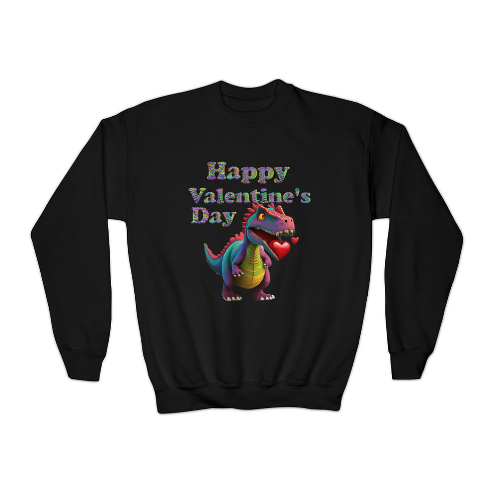 Thumbnail: Black Happy Valentine's Day Youth Kid's Unisex Sweatshirt has a neon dinosaur with a heart in his mouth & dino skin letters.