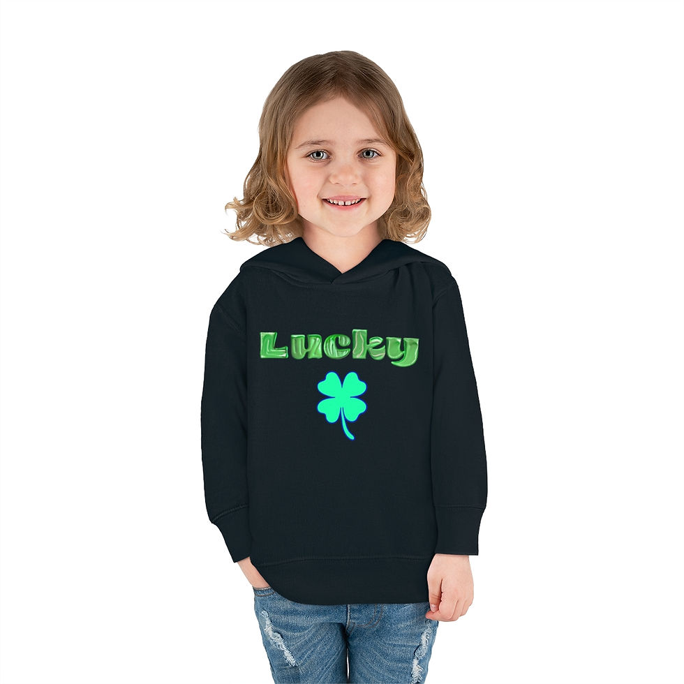 Thumbnail: Black Lucky Shamrock with Green Letters Toddler Unisex Fleece Hoodie Featuring a Green & Blue Shamrock Design