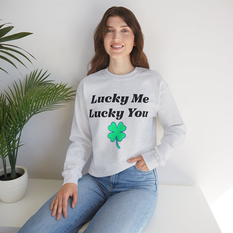 Thumbnail: Ash Grey Lucky Me Lucky You Adult Unisex Crewneck Sweatshirt has Black Letters with a Blue and Green Shamrock Design
