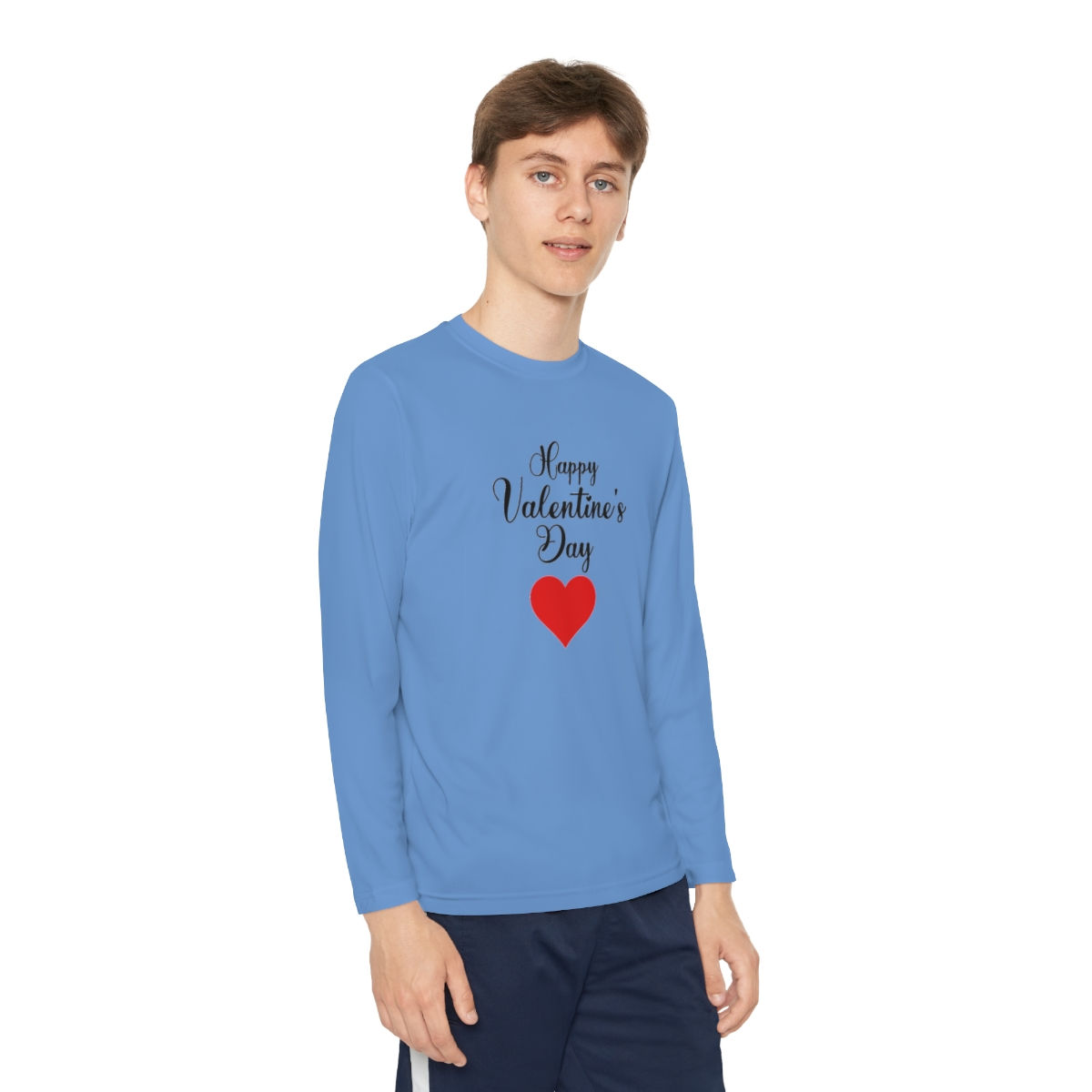 Carolina Blue Happy Valentine's Day Red Heart Youth Kid's Unisex Shirt/ Tee/ T-shirt with a Black Font Style