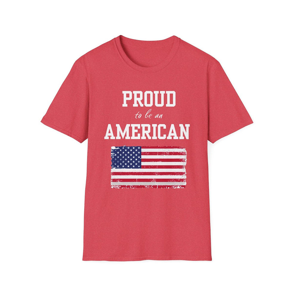 Thumbnail: Heather Red Proud to be an American w/ USA Flag Adult Softstyle Cotton Short Sleeve Shirt/ T-shirt Featuring White Letters