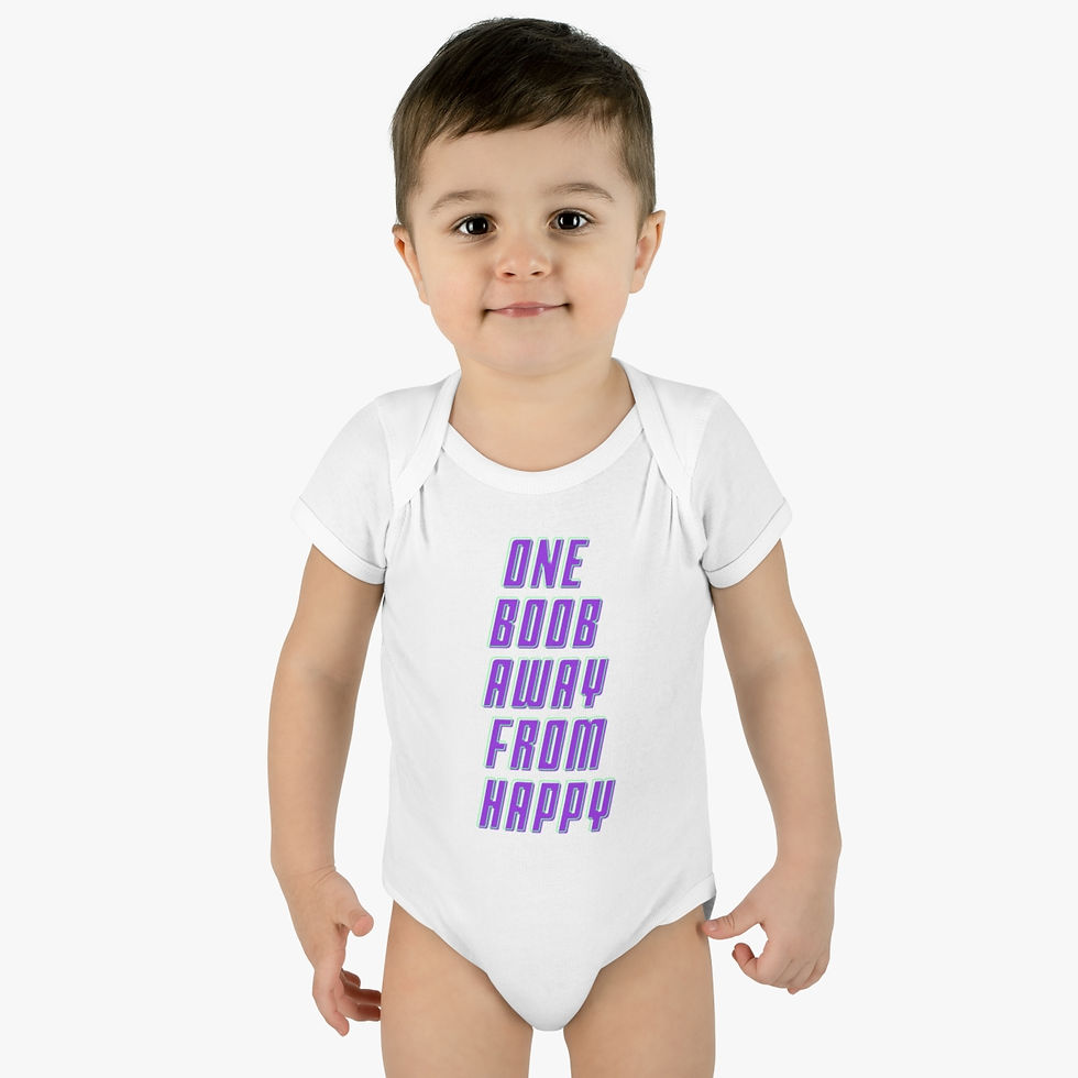 Thumbnail: White One Boob Away From Happy Infant Baby Unisex Short Sleeve Onesie/ Bodysuit with Purple and Green Letters