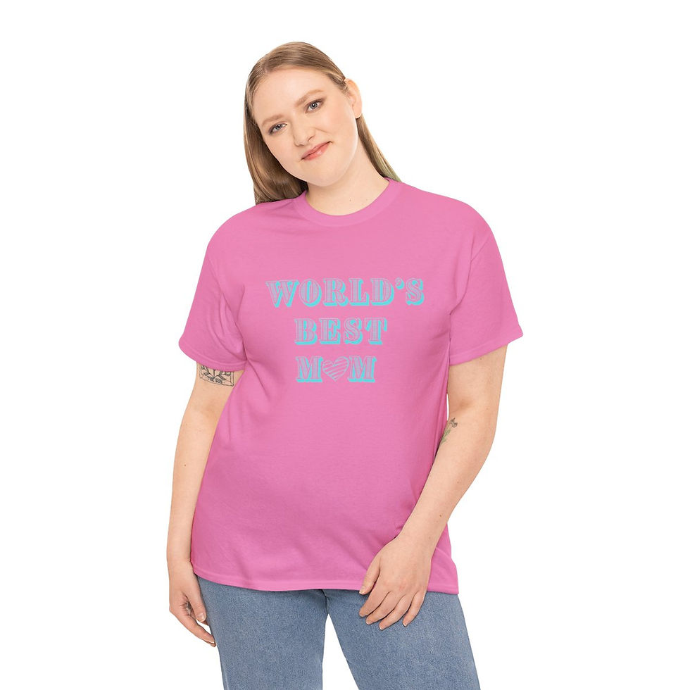 Thumbnail: Azalea Pink World's Best Mom Turquoise Heart Adult Cotton Short Sleeve Shirt/ Tee/ T-shirt Featuring a Turquoise Heart