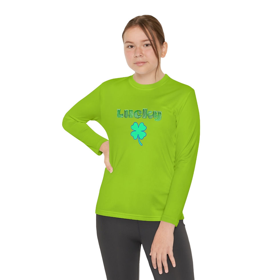 Thumbnail: Lime Shock Green Lucky Shamrock with Green Letters Youth Kid's Shirt/ T-shirt/ Tee has a Green & Blue Shamrock Design
