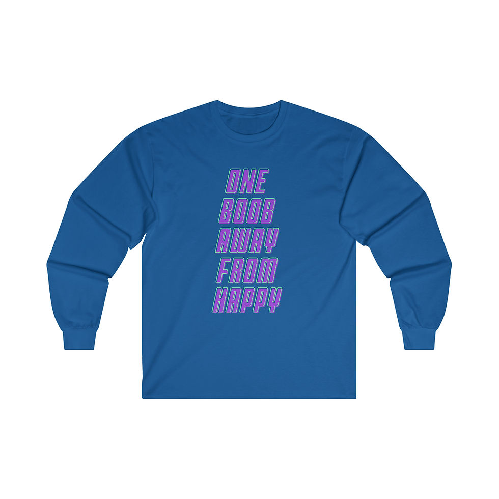 Thumbnail: Royal Blue One Boob Away from Happy Adult Unisex Jersey Long Sleeve Shirt/ T-shirt/ Tee with Purple and Green Letters