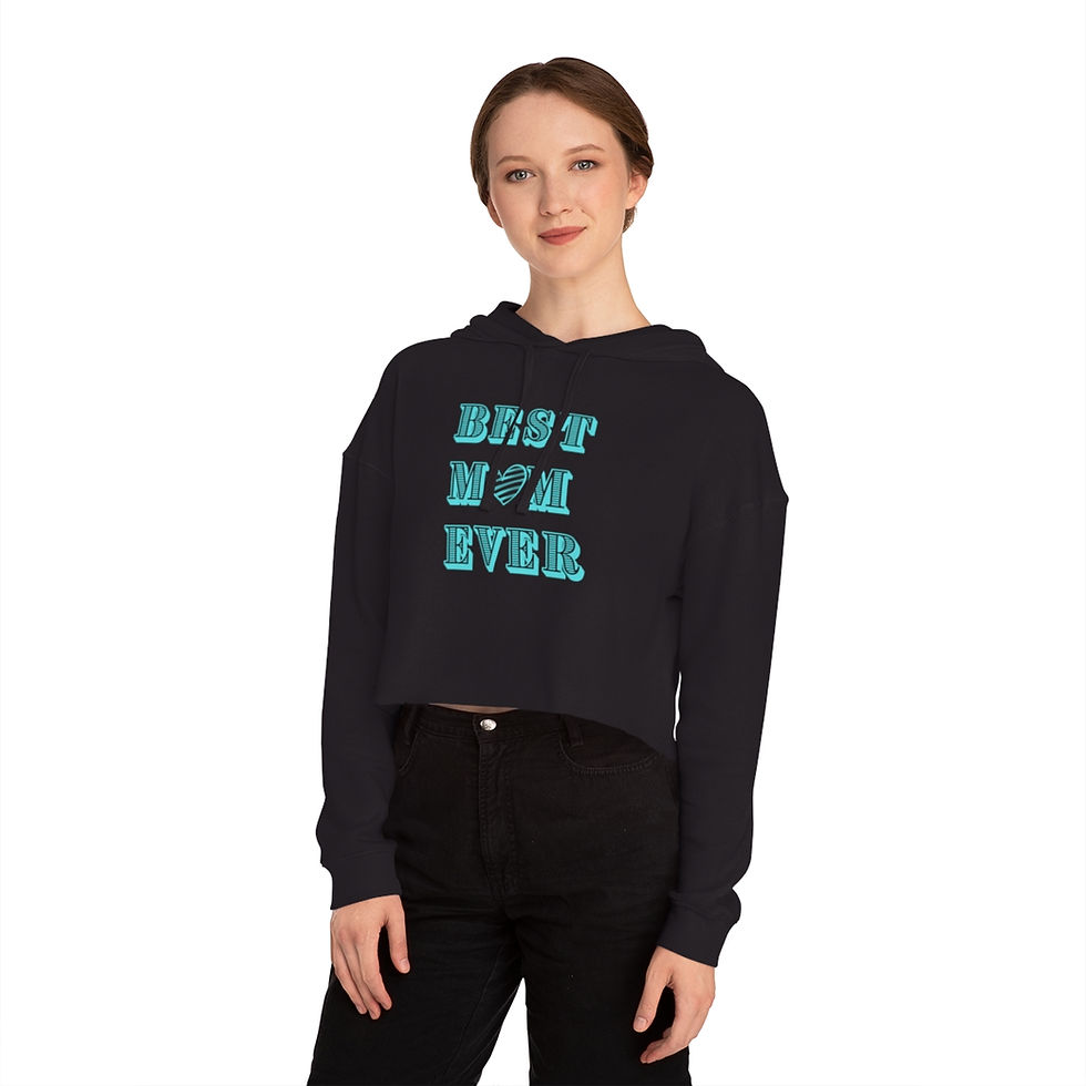 Thumbnail: Black Best Mom Ever Turquoise Heart Women's Cropped Hooded Sweatshirt/ Hoodie Featuring a Turquoise Heart & Letters