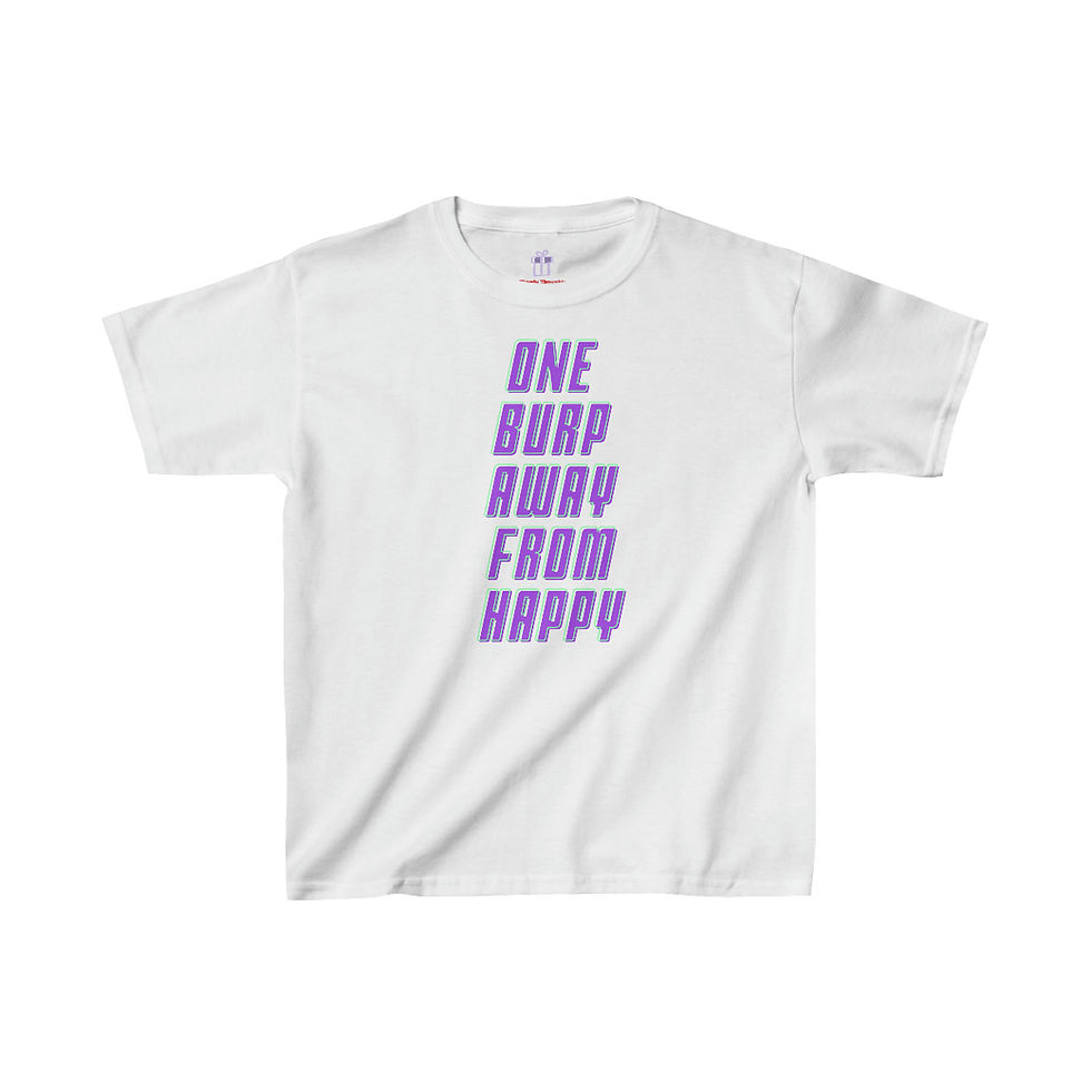 Thumbnail: Ash Grey One Burp Away From Happy Youth Kids Unisex Short Sleeve T-shirt/ Shirt/ Tee with Purple and Green Letters