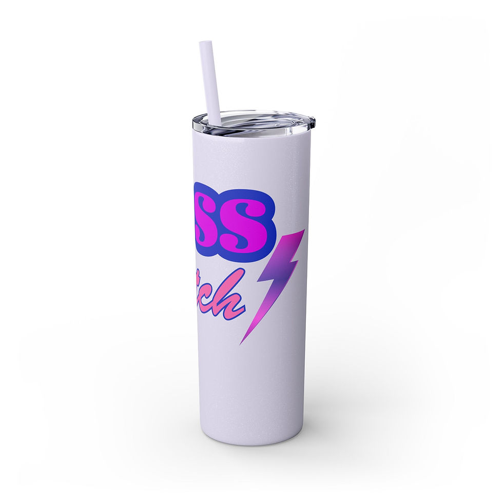 Thumbnail: Glitter Lilac Right Side Boss Bitch Purple / Pink Fonts Skinny Tumbler with Straw 20oz with Lightning Bolt Graphic