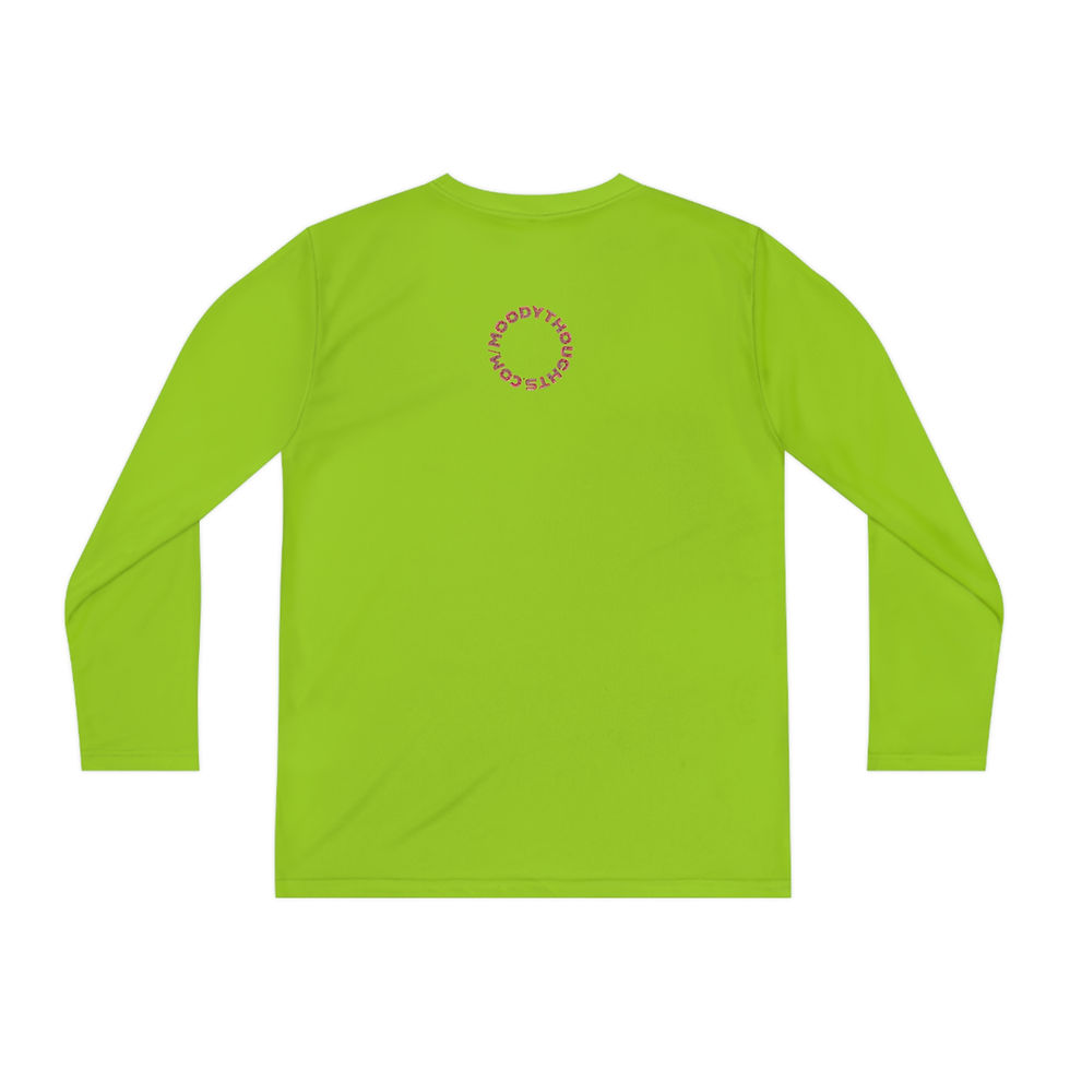 Thumbnail: Lime Shock Green Merry Christmas Reindeer Youth Kids Unisex Long Sleeve Tee the Back has Moody Thoughts