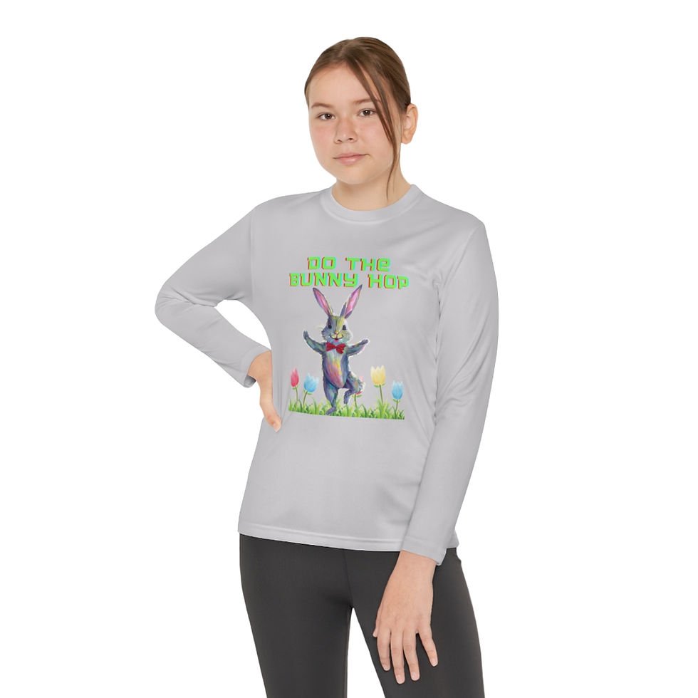 Thumbnail: Silver Grey Do the Bunny Hop Easter Bunny Youth Kids Long Sleeve Shirt Features the Easter Bunny Dancing in a Field of Tulips
