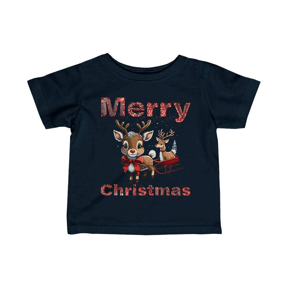 Thumbnail: Navy Blue Merry Christmas Reindeer Infant Baby Short Sleeve Tee/ T-shirt Features Reindeer Rinding in and Pulling a Sleigh