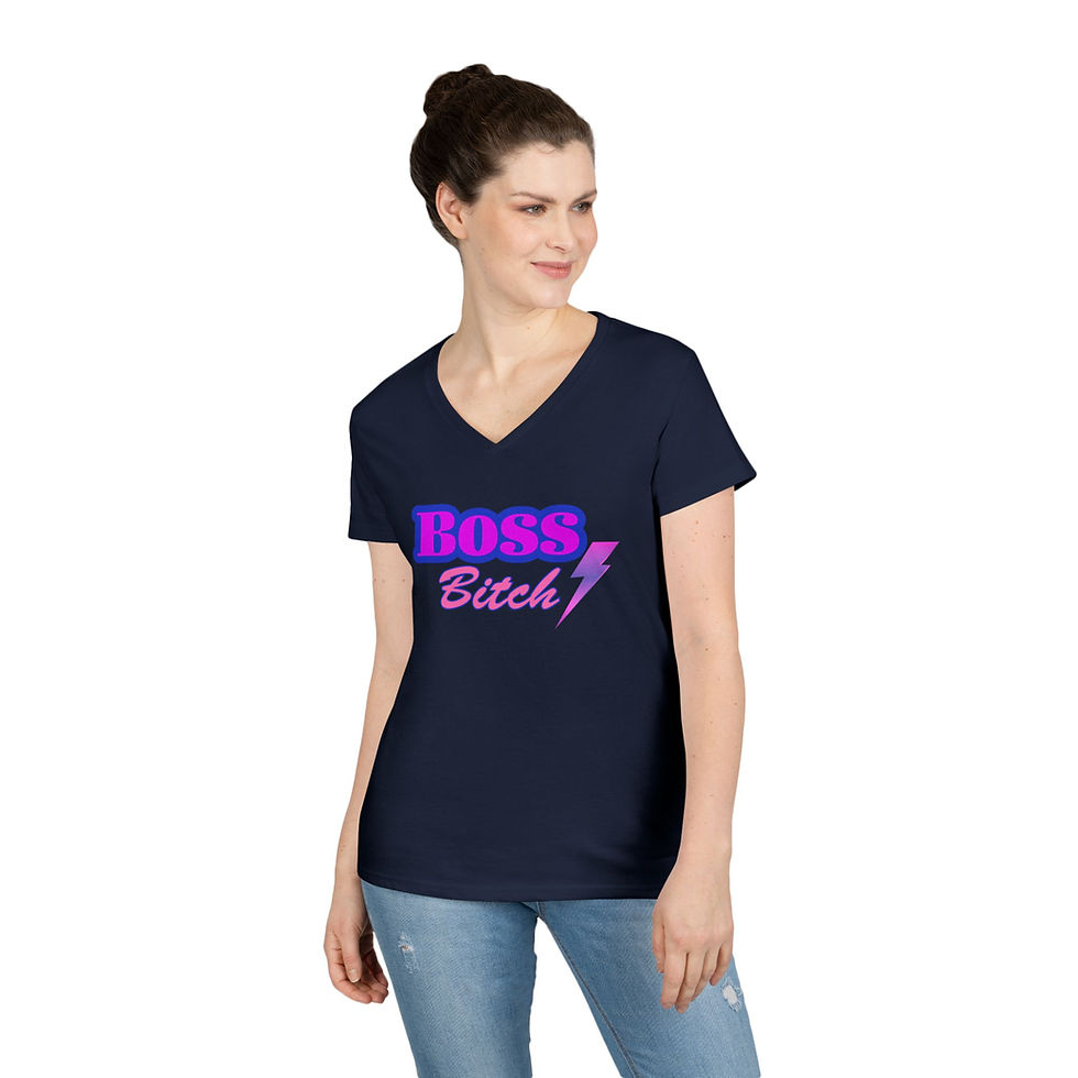 Thumbnail: Navy Blue Boss Bitch Purple Ladies' V-Neck T-Shirt/ Tee/ Shirt with Purple and Pink Fonts & Lightning Bolt Graphic