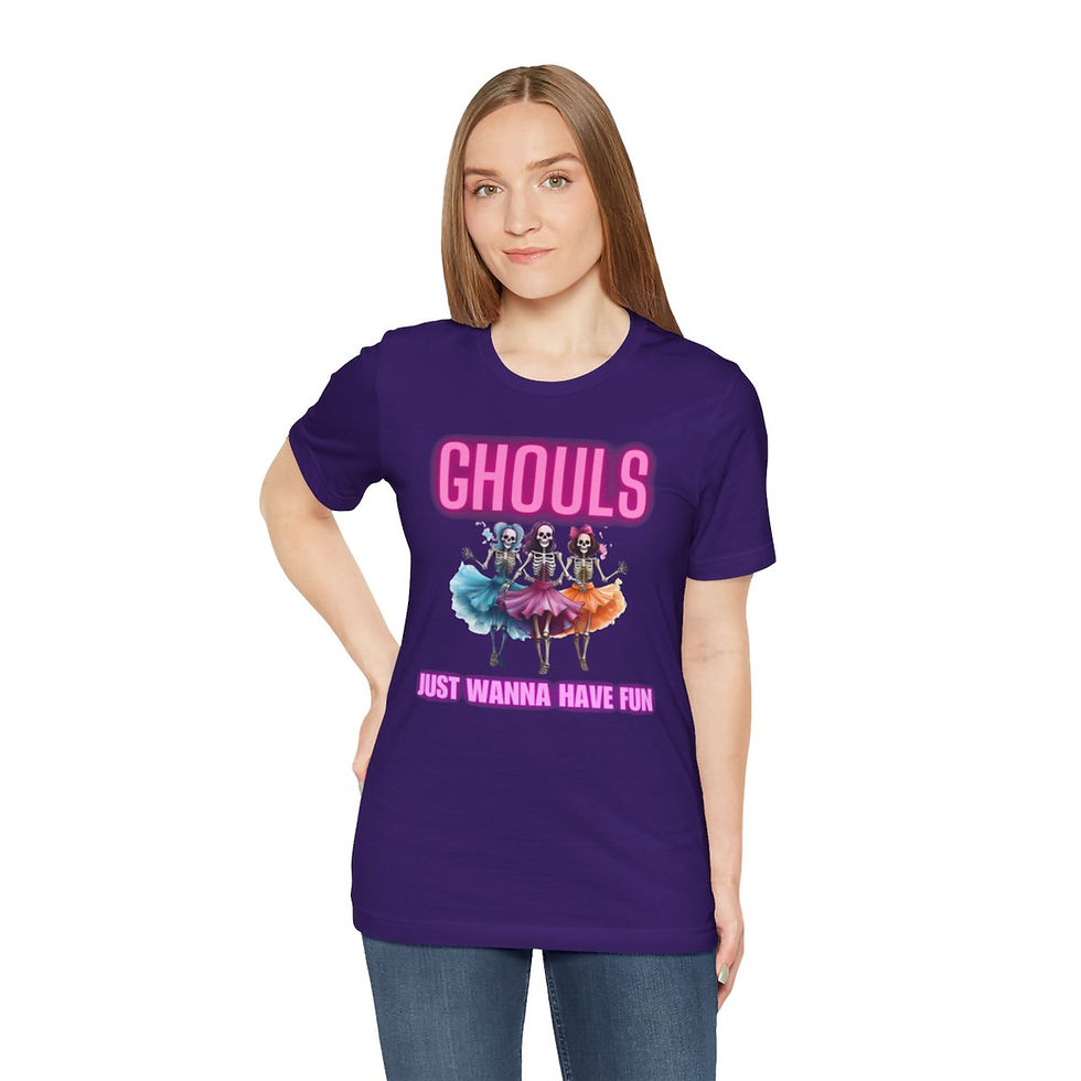 Thumbnail: Team Purple Ghouls Just Wanna Have Fun Adult Unisex Short Sleeve Shirt/ Tee/ T-shirt Featuring Neon Font with Dancing Ghouls