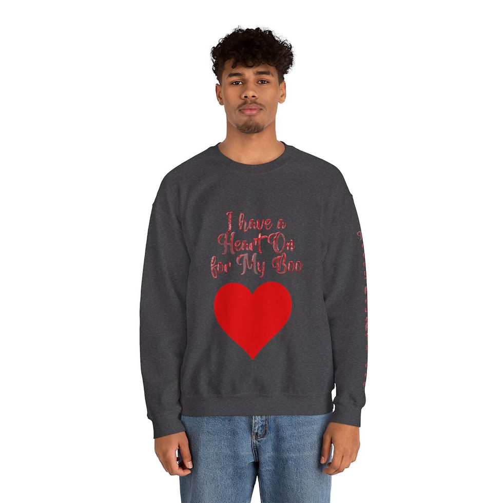 Thumbnail: Dark Heather Grey I have a Heart On for My Boo with Red Font Adult Unisex Crewneck Sweatshirt has a Red Heart Graphic.