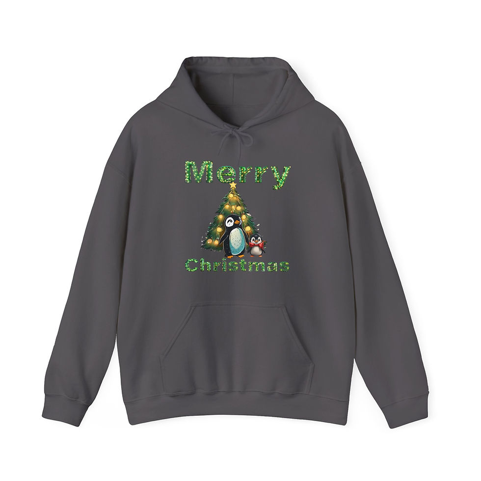 Thumbnail: Charcoal Grey Merry Christmas Penguins Adult Hooded Sweatshirt/ Hoodie Features Penguins Standing in Front of Christmas Tree