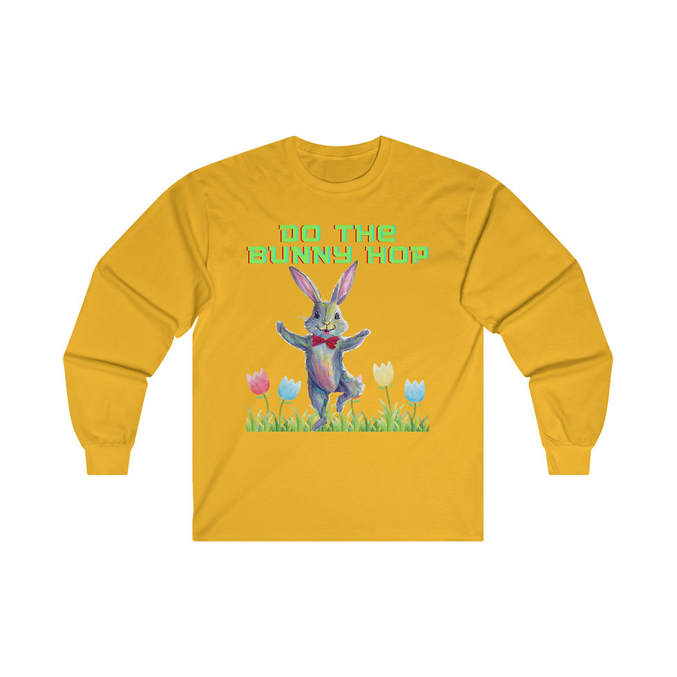 Thumbnail: Gold Yellow Do The Bunny Hop Easter Bunny Adult Long Sleeve Shirt/ Tee Features Easter Bunny Dancing in a Field of Tulips