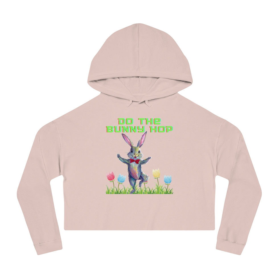 Thumbnail: Blush Pink Do The Bunny Hop Women's Cropped Hoodie Featuring the Easter Bunny Dancing in Tulips with Green Letters