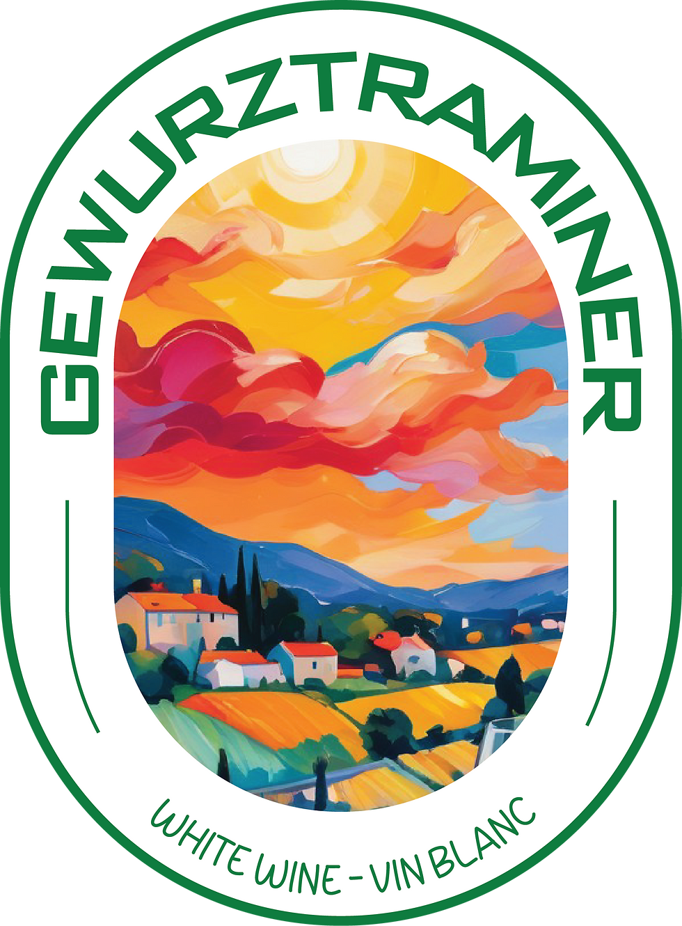 Gewürztraminer white wine label with sunset vineyard scene