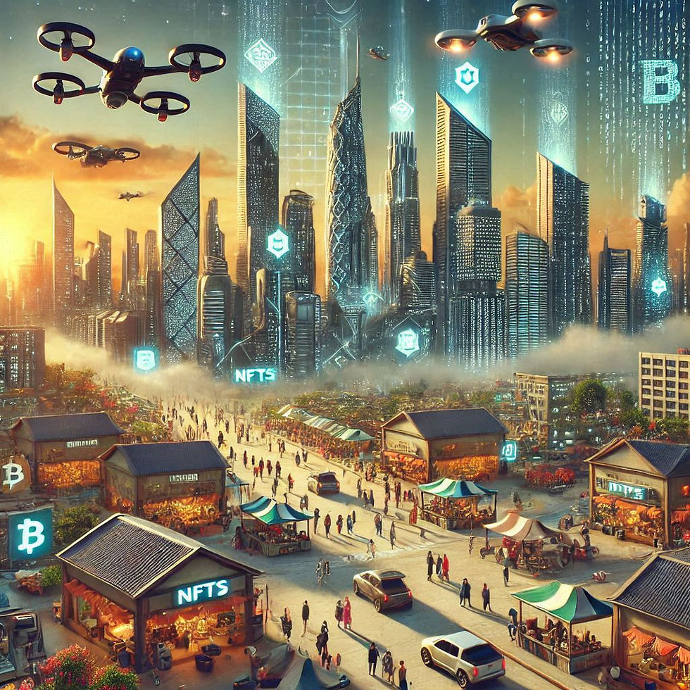 Futuristic city integrated with Blockchain, Cryptocurrencies, and NFTs