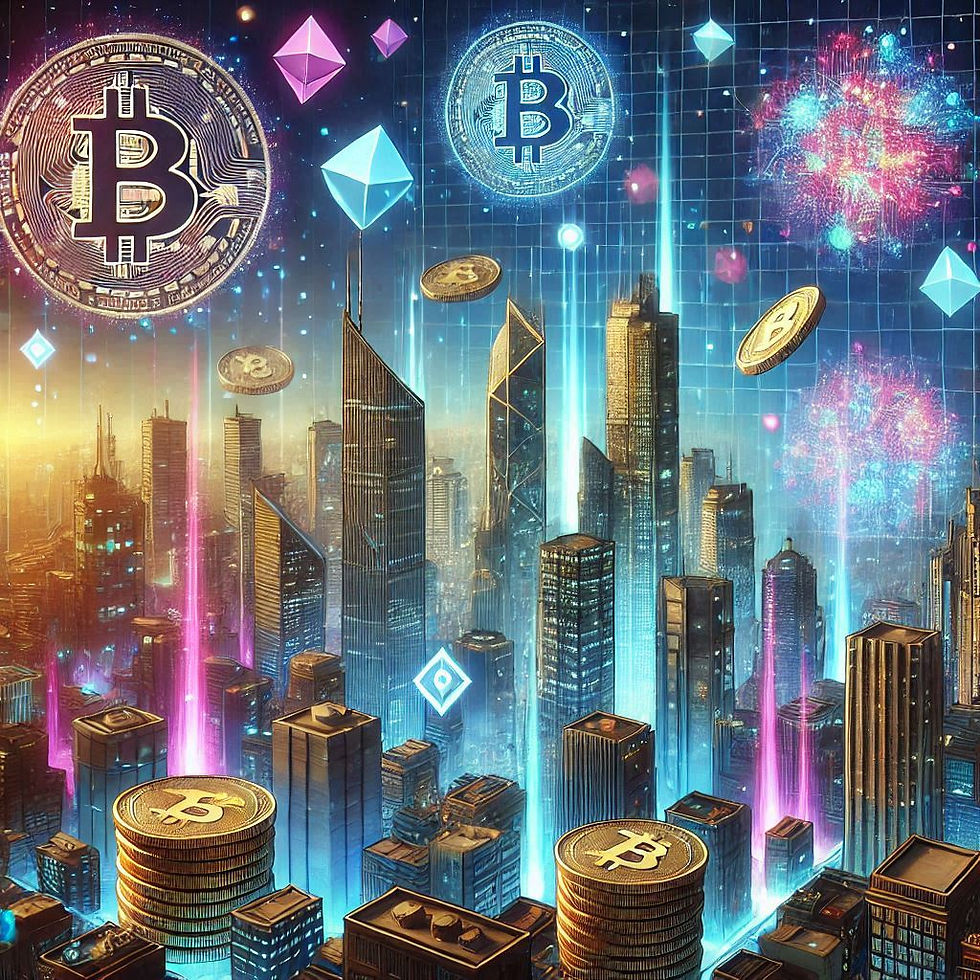 Futuristic image of Blockchain, Cryptocurrencies, and NFTs.