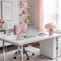 Home office with clean lines, modern elements, pink aesthetic, sparkly accents, profession