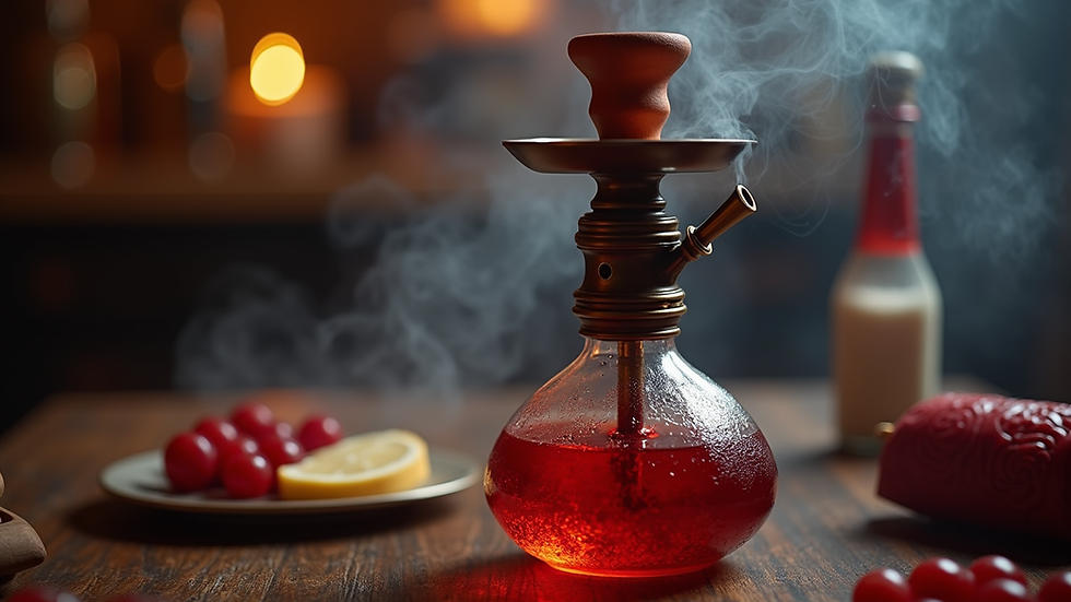 Close-up de shisha tradicional con base de cristal y manguera roja