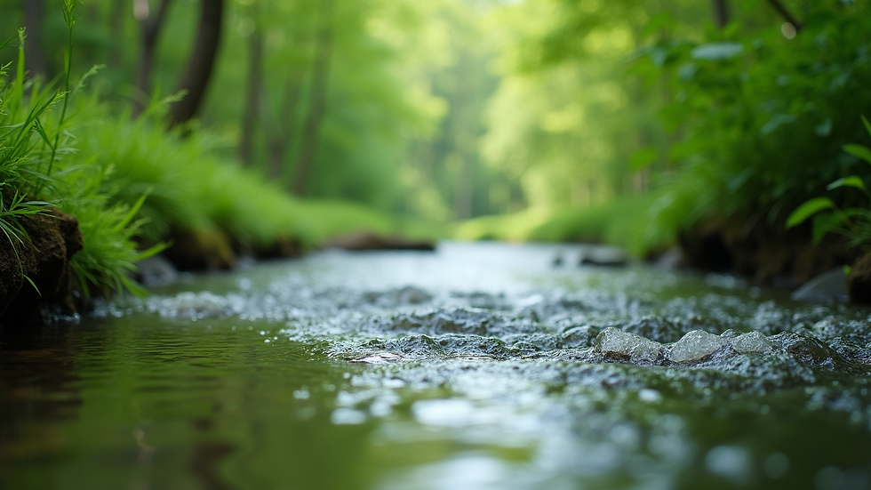 Close-up view of a calm river flowing through a lush green landscape