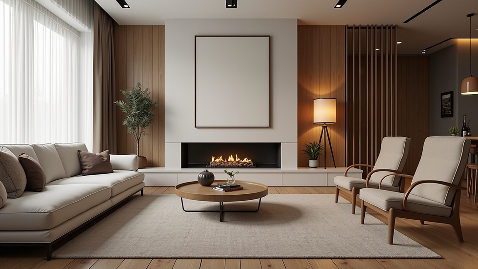 Eye-level view of a modern living room with a cozy ambiance