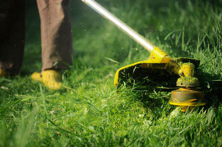 a person using a lawn trimming tool, zoomed in on the yellow tool in operation