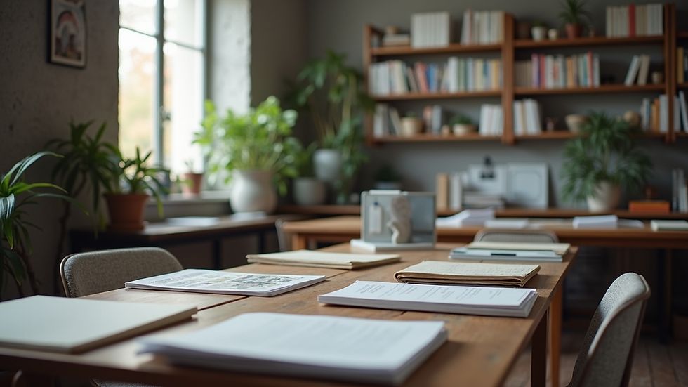 Wide angle view of a workspace filled with research materials