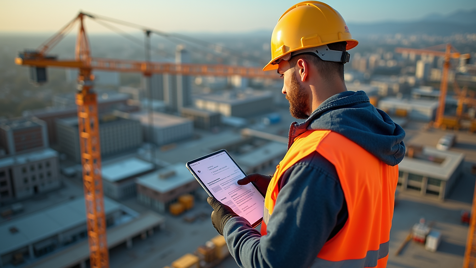 High angle view of construction workers using AI technology on site
