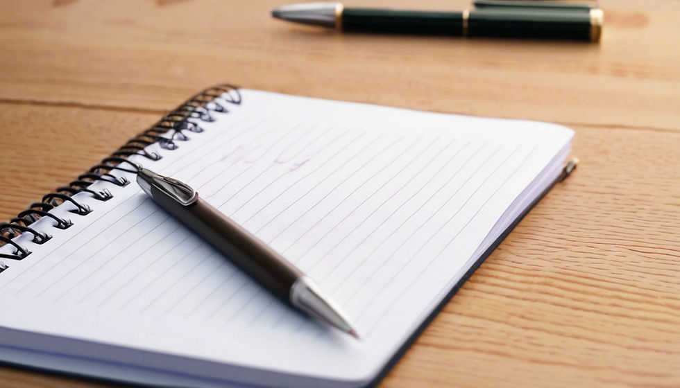Close-up view of an open notebook with a pen on a wooden table