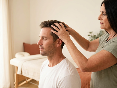 Practitioner performing head massage during a treatment session.