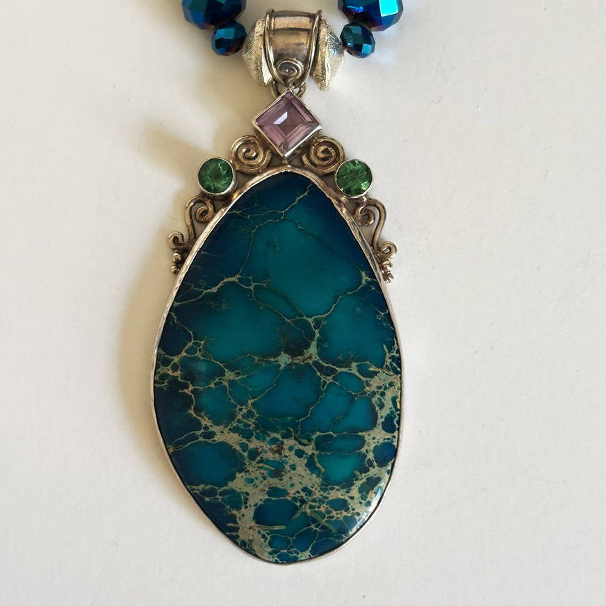 Imperial jasper turquoise necklace with crystal accents and sterling silver