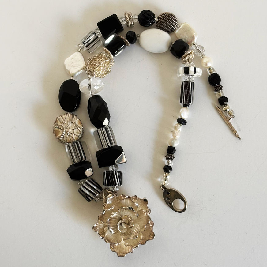 Hill tribe silver necklace with onyx and freshwater pearls